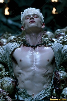 On a bed of skulls, a pale shirtless man with white hair leans back with eyes closed