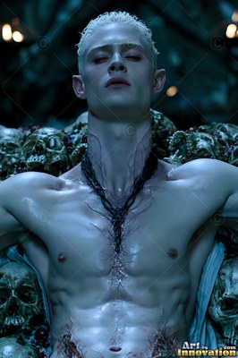 Leaning back in a pile of skulls, a shirtless fair-skinned man rests with red eyes closed