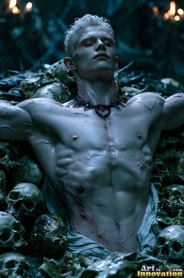 A pale shirtless man lies back on a pile of human skulls