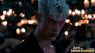 Red eyes stand out on a pale blond man standing near blurry candle lights in the dark