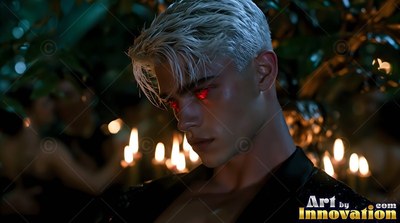A blond man looks down near candle flames that reflect red in his eyes