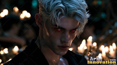 Head tilted down in a candlelit hall, a blond man stares with red eyes