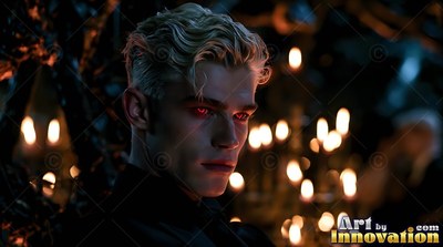 A blond man in black with red eyes turns his head near candlelight