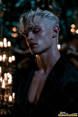 In a dark candlelit room, a blond pallid man in a black jacket looks down