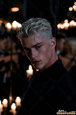 Looking sideways, a fair-haired man in a black shirt stands before warm candlelights