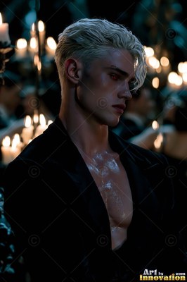 Blond man in an open black jacket near candles
