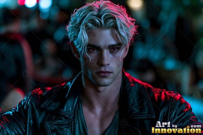 A blond man in a black leather jacket with red eyes stands on a dark night street