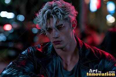 A pale light-haired man looks down while red neon reflects across his leather jacket