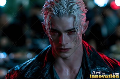 Facing forward in the dark city, a pale, fair-haired man in leather looks down