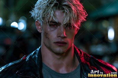A blond man in a leather jacket stands on a street lit by red neon light