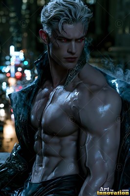 Above city night lights, a shirtless blond vampire man wears an open dark coat