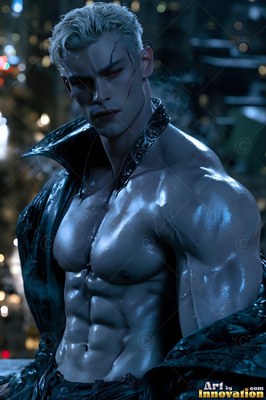Standing outdoors at night, a muscular shirtless man with blond hair wears an open coat