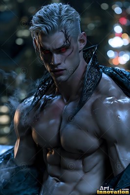 Shirtless blond man with blood-red eyes and an open black collar outdoors at night