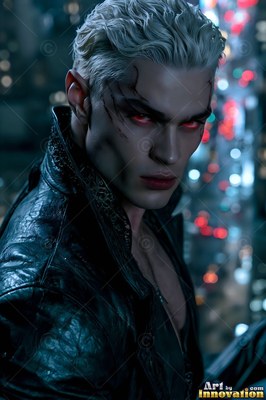 A pale, fair-haired man in a dark leather jacket stands before blurred city lights at night