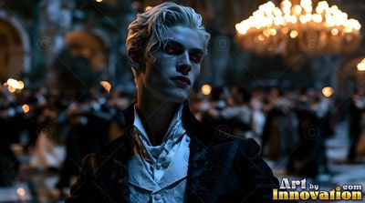 A pale blond man in a tuxedo stands at a ballroom under warm chandelier light