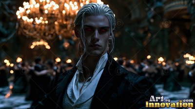 Close-up of a pale fair-haired man whose eyes are red standing in a dark ballroom