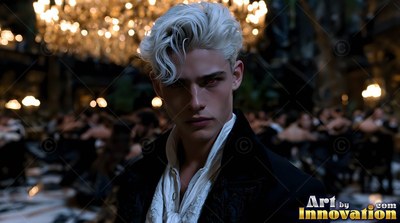 A pale blond man with red eyes stands at a dark ballroom party under warm chandeliers