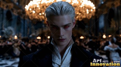 In a crowded ballroom, a pale, fair-haired man with blood-red eyes stands under a chandelier