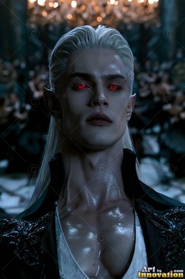 Standing in a ballroom, a fair-skinned yellow-haired man with dark red eyes wears an open jet-black coat