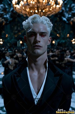 A pale blond red-eyed man stands in a dark ballroom
