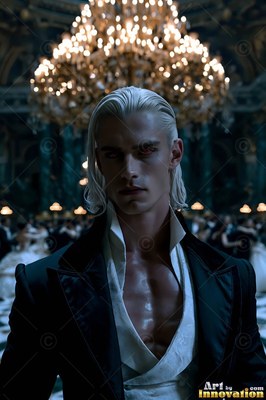 A white-skinned blond man in an open vest stands under a chandelier in a ballroom crowd