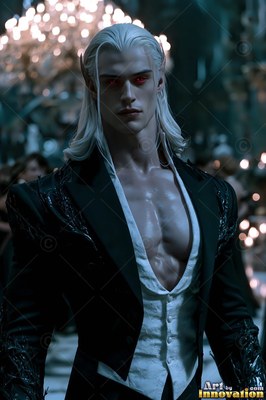 A pale blond man in an open vest walks forward beneath warm chandelier lights