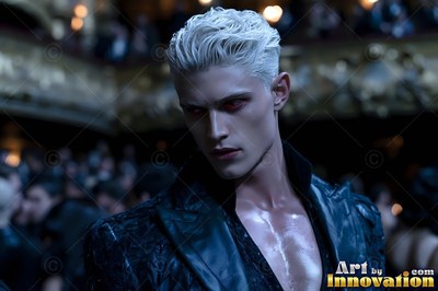 Turned sideways in an opera house, a pale, fair-haired man whose eyes are red glances down
