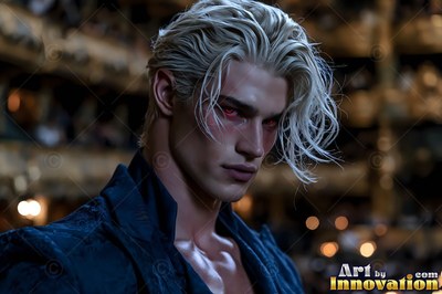 A pale yellow-haired man with red eyes looks over his shoulder in a theater