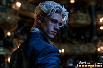 In a dark theater, a pale fair-haired man in a blue coat turns to look over his shoulder