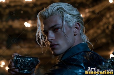 Holding a metal cup, a pale, fair-haired man whose eyes are red glances aside in dim light