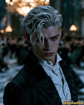 A pale blond man with red eyes stands in a dark ballroom