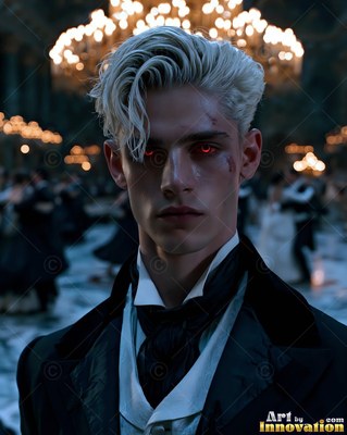 Pale blond hair falls over the red eyes of a man in a black coat standing in a ballroom