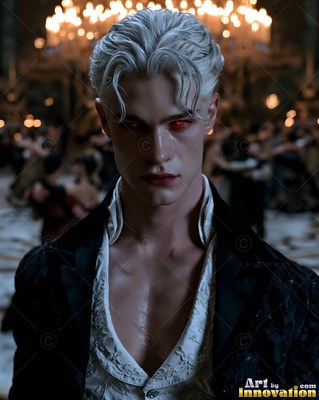 A white-skinned blond man stares forward at a ballroom dance under warm yellow chandelier lights