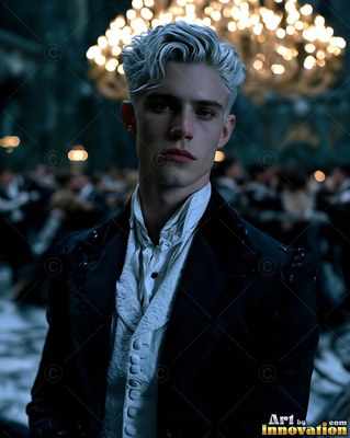 Facing forward in a dark ballroom, a white-skinned blond man stands in a black suit