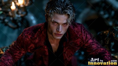 Red patterned coat on a blond man leaning forward in a dark room by candlelight
