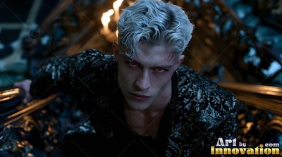 A white-skinned blond man looks up from a dark staircase with dim candlelight on his red eyes