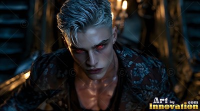 Leaning forward in a dark room, a pale blond man looks up with red eyes