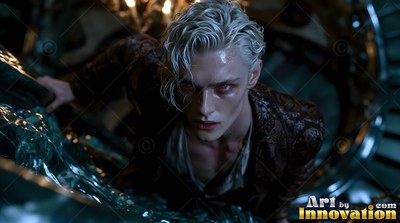A pale fair-haired man with red eyes crawls forward through dark water in a jacket