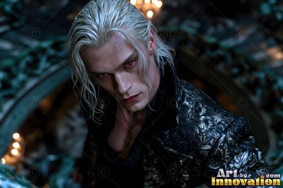 In a dim room, a pale blond man with blood-red eyes wears a dark patterned jacket