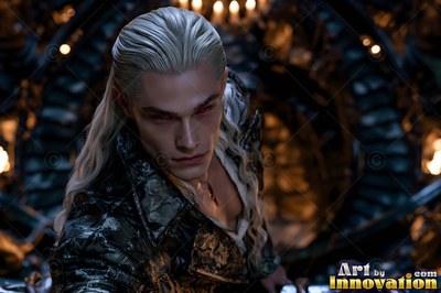 Glancing forward in the shadows, a pale blond man with red eyes wears a dark coat