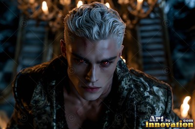 A blond man with dark red eyes stares forward in dark candlelight