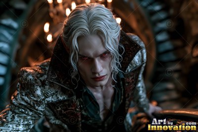 Pale wavy hair falls over the face of a man leaning forward in a dim stone hallway