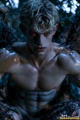 A blond shirtless man with bat wings crouches forward under dark blue shadows