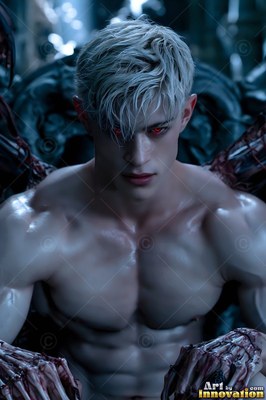 Seated shirtless in a dark chair, a pale blond red-eyed man stares forward