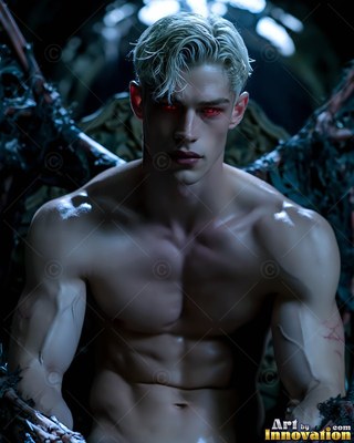 A shirtless blond man sits in a dark space with red eyes and bat wings