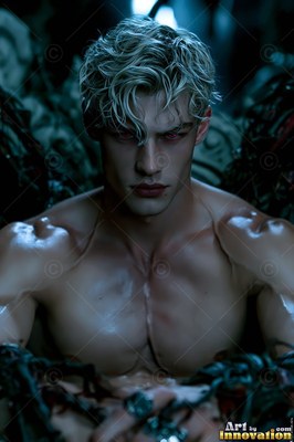 In dark shadows, a shirtless blond man with red eyes sits surrounded by thorns