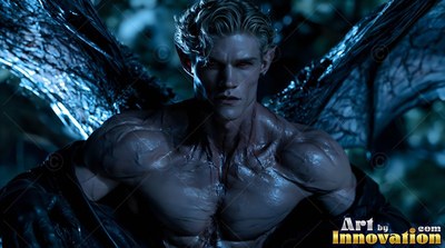 Spreading dark bat wings, a pale muscular man crouches in the cool night shadows