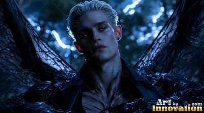 Slicked blond hair marks a pale red-eyed man and bat wings in a dark blue wood