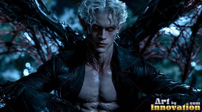 A pale blond man stares forward with red eyes under cool blue night light