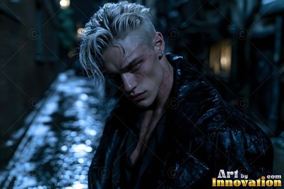Turned to the side in a dark alley, a blond man looks down with red eyes